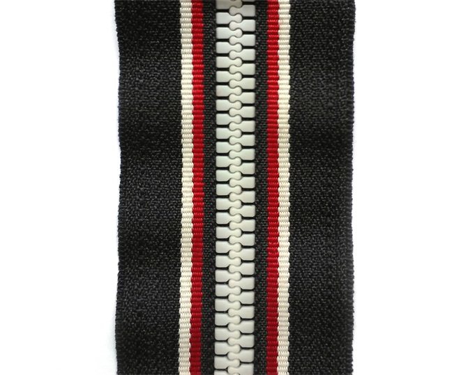 Plastic zipper with color striped tape